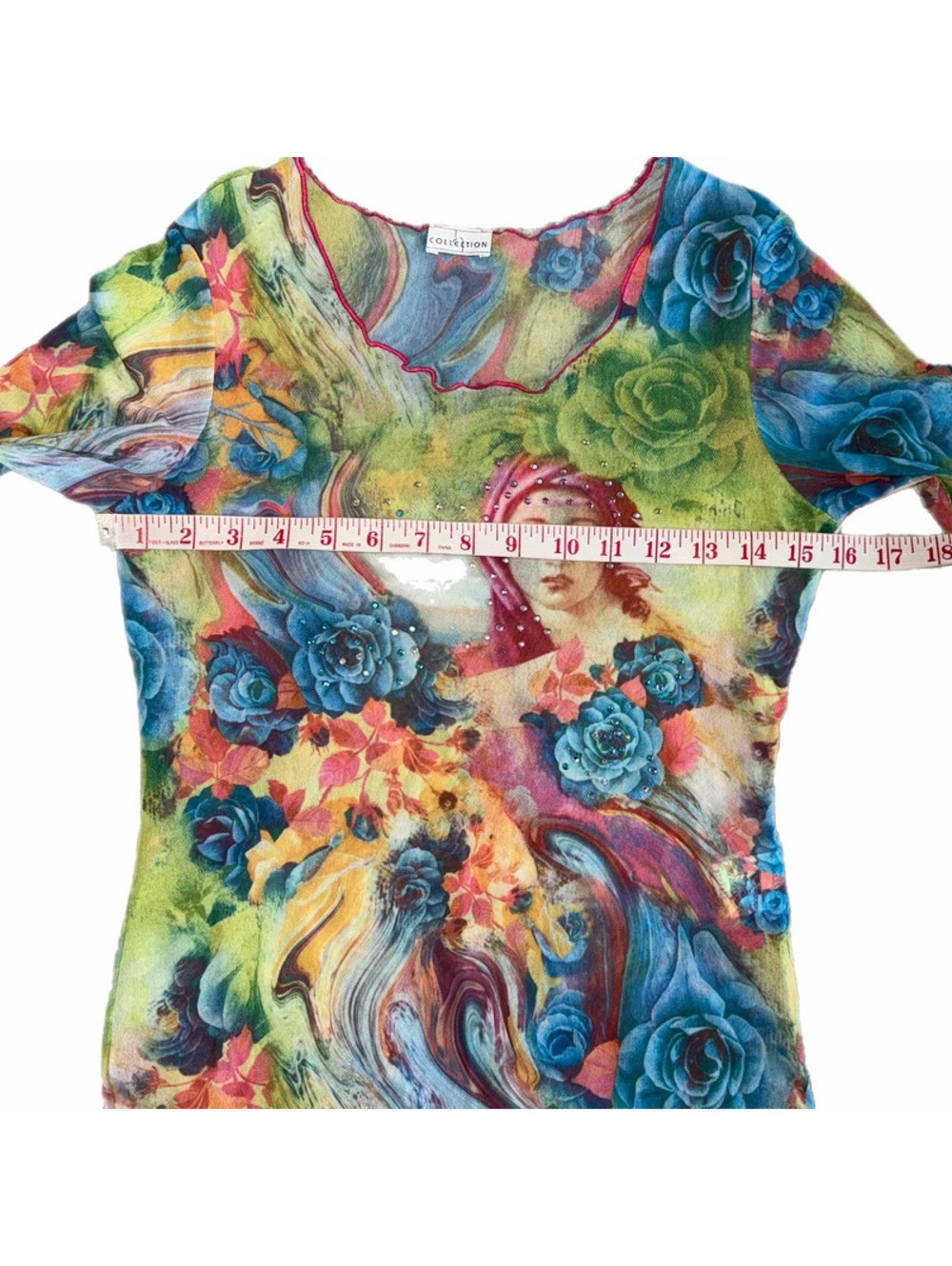 Collection Y2K Renaissance Mesh Top Rhinestone Floral Print - Picture 3 of 5